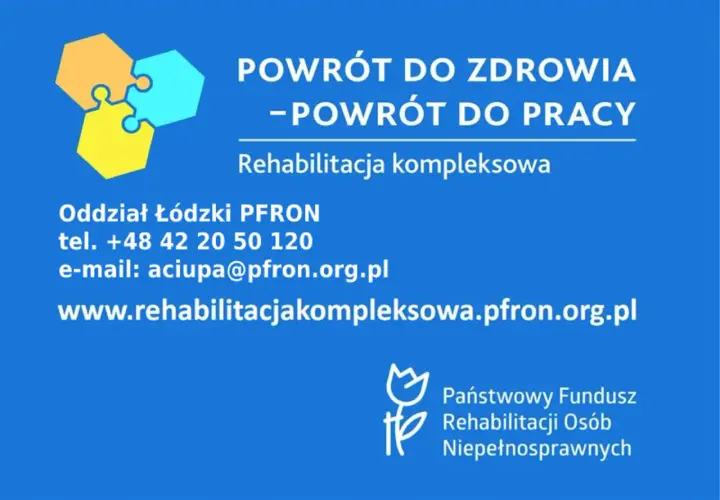Logo z puzzli, tekst "Powrót do zdrowia - powrót do pracy", dane kontaktowe PFRON.