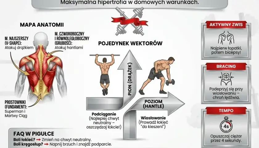 Anatomia pleców, ćwiczenia z drążkiem i hantlami. Podpowiada, jak chronić lędźwia podczas wiosłowania.
