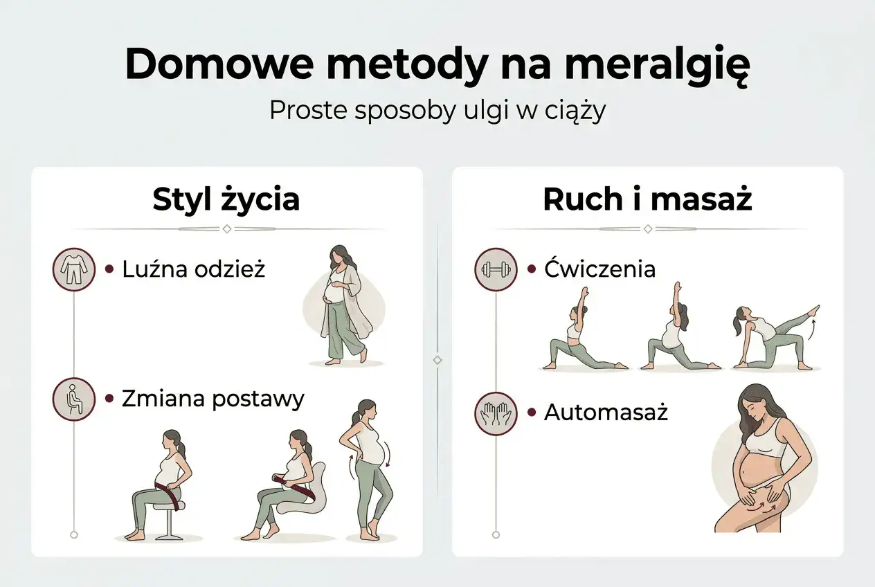 Domowe sposoby na meralgię w ciąży: luźna odzież, zmiana postawy, ćwiczenia i automasaż pomagają złagodzić mrowienie nóg.