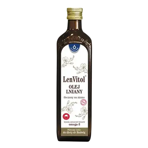 Świeży olej lniany w ciemnej butelce